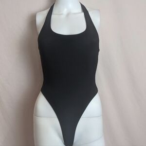 Boohoo Petite Black Double Layer Slinky Halter Scoop Neck Bodysuit size 4